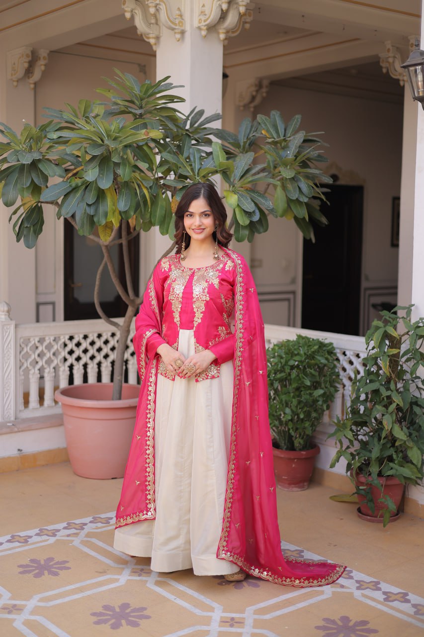 Womens's New Rani Pink and Cream Embroidered Jacket Style Suit Set
