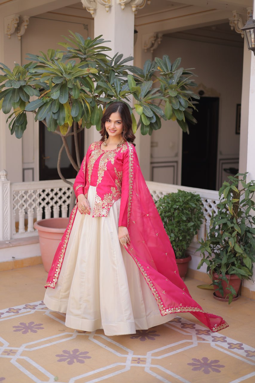 Womens's New Rani Pink and Cream Embroidered Jacket Style Suit Set