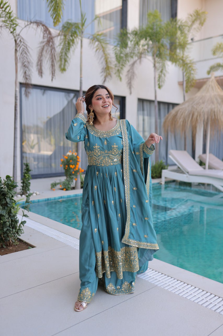 Women's New Teal Blue Embroidered Anarkali Kurta with Matching Sharara and Dupatta Set