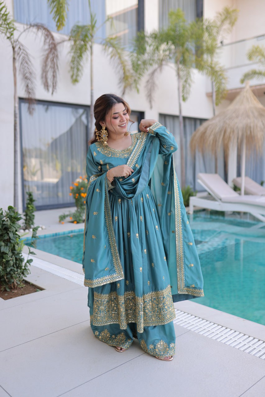 Women's New Teal Blue Embroidered Anarkali Kurta with Matching Sharara and Dupatta Set