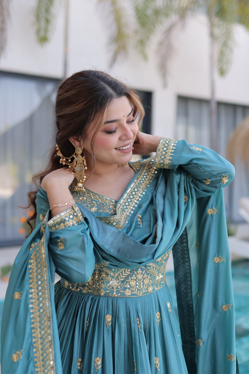 Women's New Teal Blue Embroidered Anarkali Kurta with Matching Sharara and Dupatta Set