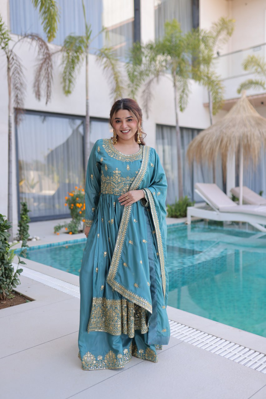 Women's New Teal Blue Embroidered Anarkali Kurta with Matching Sharara and Dupatta Set