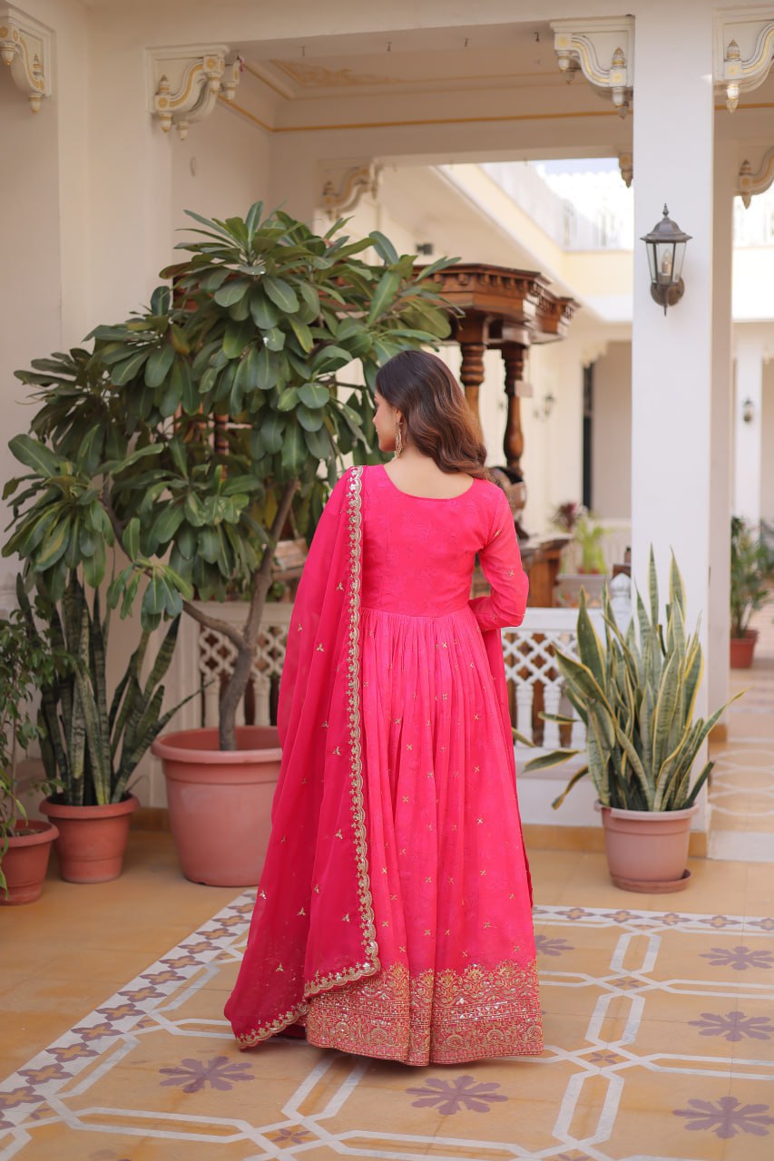 Women's New Trendy Elegant Rani Pink Ethnic Gown with Gold Thread and Mirror Work
