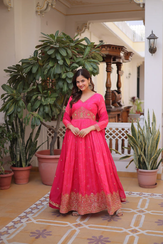 Women's New Trendy Elegant Rani Pink Ethnic Gown with Gold Thread and Mirror Work