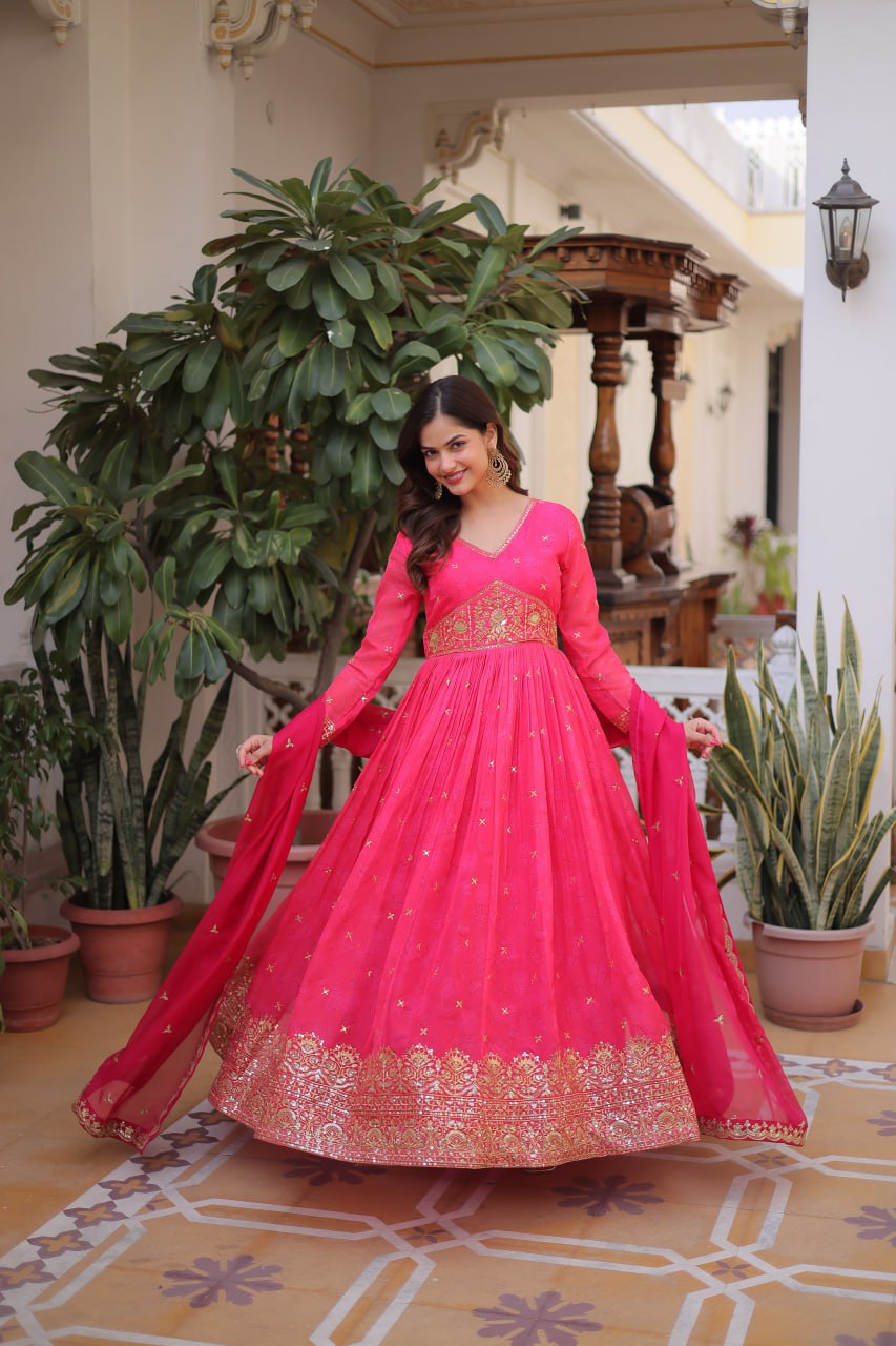 Women's New Trendy Elegant Rani Pink Ethnic Gown with Gold Thread and Mirror Work