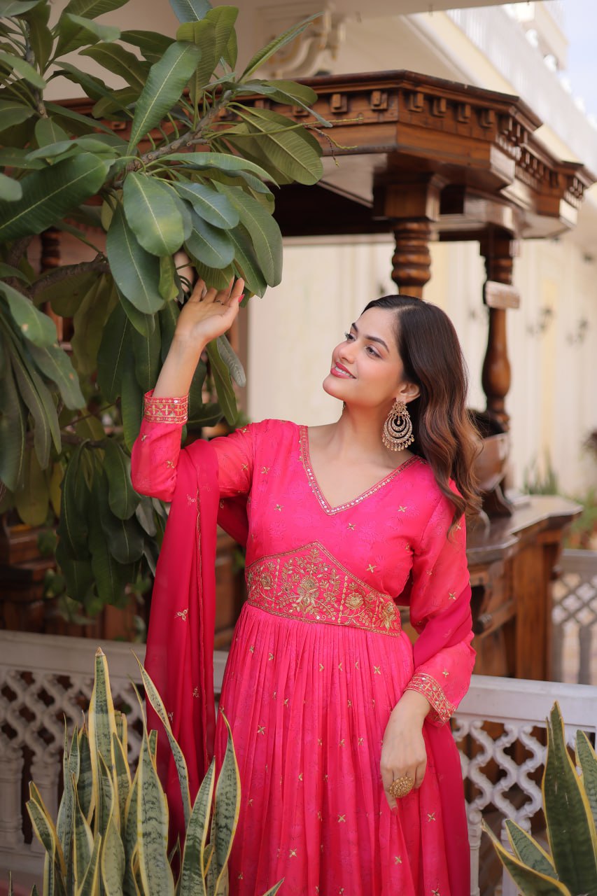 Women's New Trendy Elegant Rani Pink Ethnic Gown with Gold Thread and Mirror Work