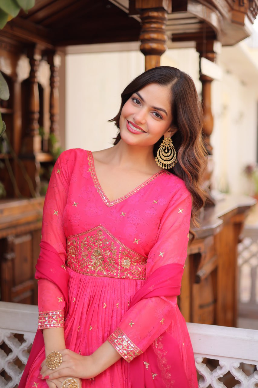 Women's New Trendy Elegant Rani Pink Ethnic Gown with Gold Thread and Mirror Work