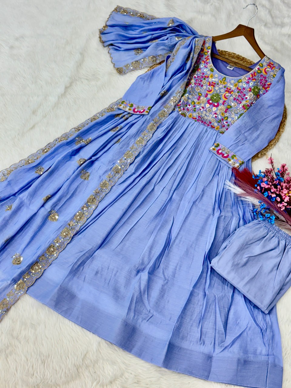 Women's New Trendy  Embroidered Anarkali Suit Set with Dupatta