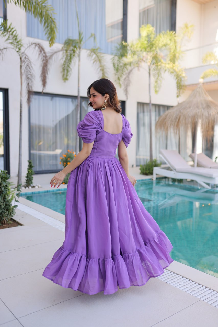 New Latest Designer Lavender Embroidered Ruffle-Sleeve Maxi Dress