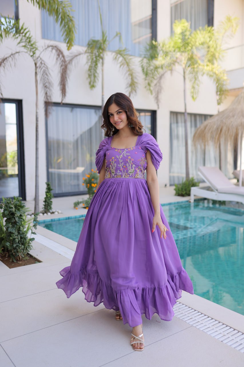 New Latest Designer Lavender Embroidered Ruffle-Sleeve Maxi Dress
