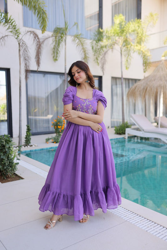 New Latest Designer Lavender Embroidered Ruffle-Sleeve Maxi Dress