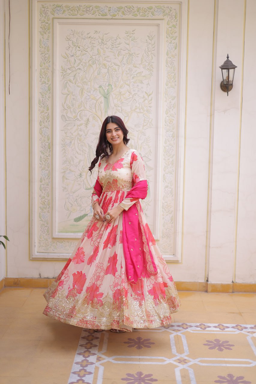 New Latest Festive Wear Cream and Red Embroidered Anarkali Set