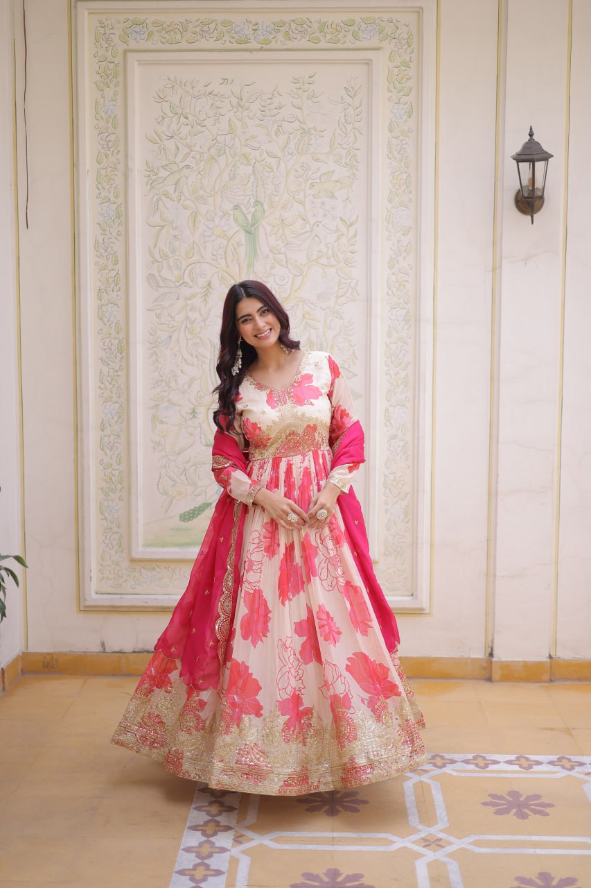 New Latest Festive Wear Cream and Red Embroidered Anarkali Set