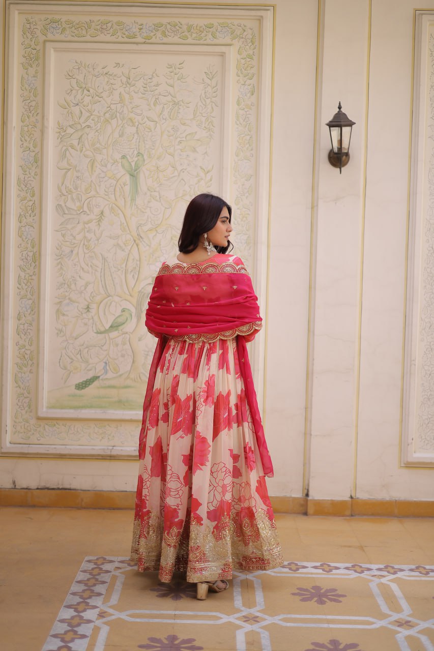 New Latest Festive Wear Cream and Red Embroidered Anarkali Set