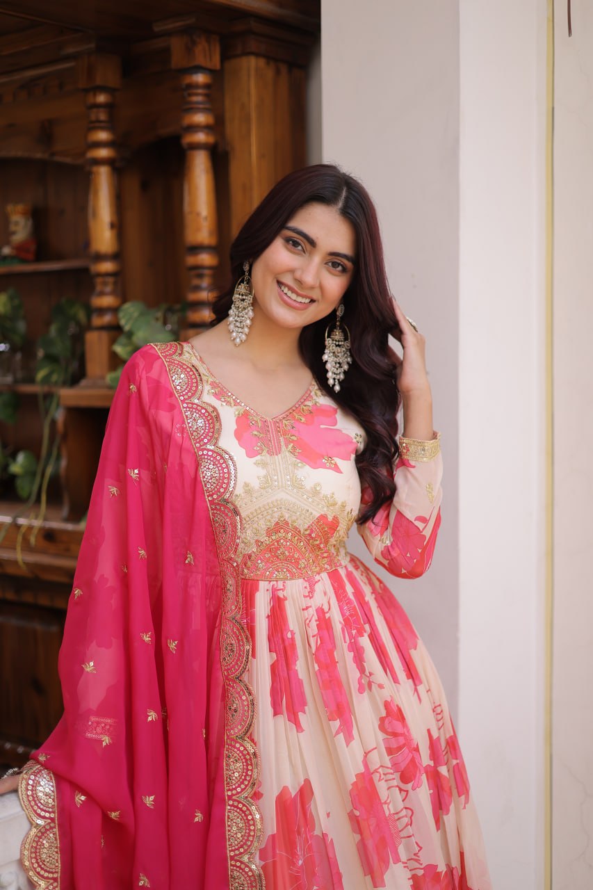New Latest Festive Wear Cream and Red Embroidered Anarkali Set