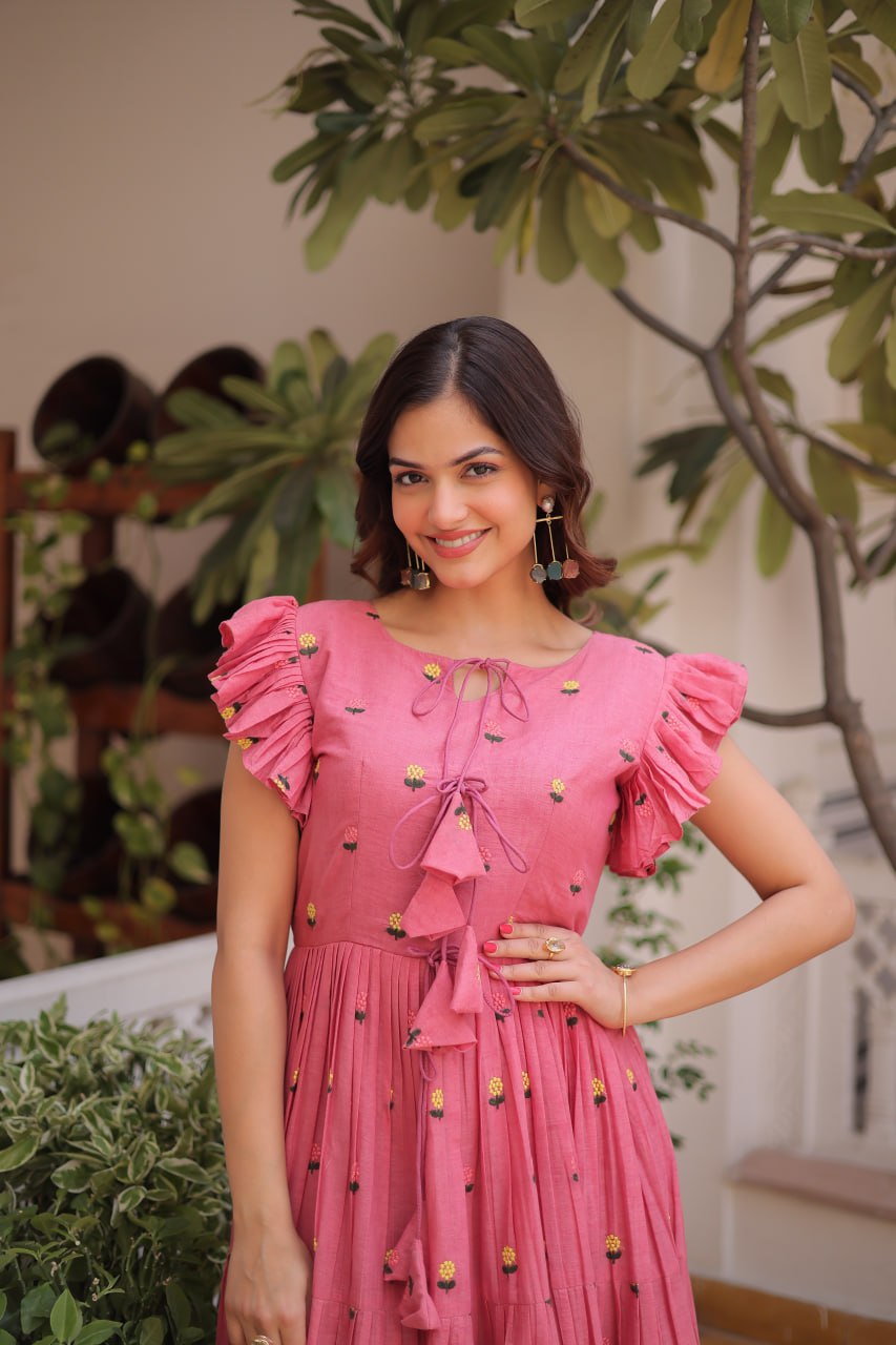 New Latest Trendy Designer Boho-Style Pink Ruffle Sleeve Dress for Women