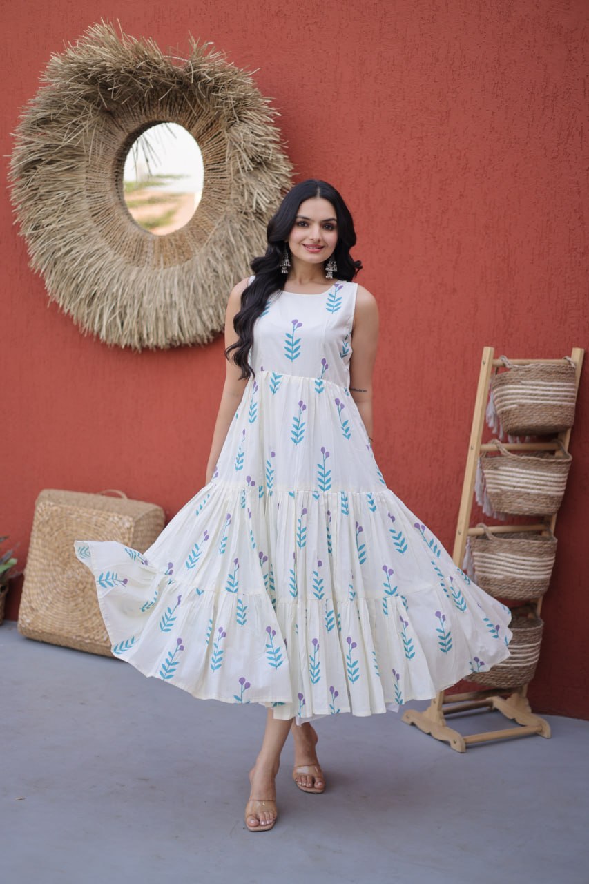 New Latest Designer White and Blue Floral Printed Sleeveless Tiered Dress