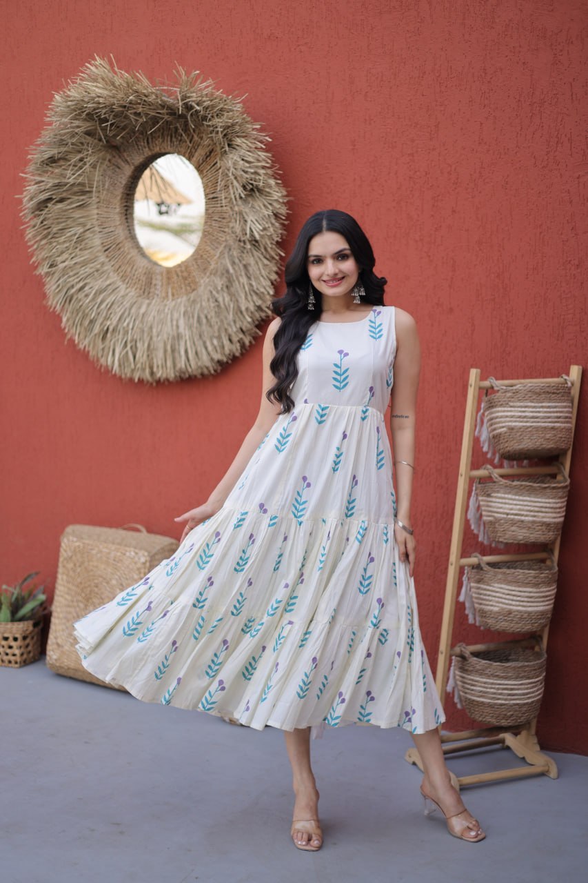 New Latest Designer White and Blue Floral Printed Sleeveless Tiered Dress