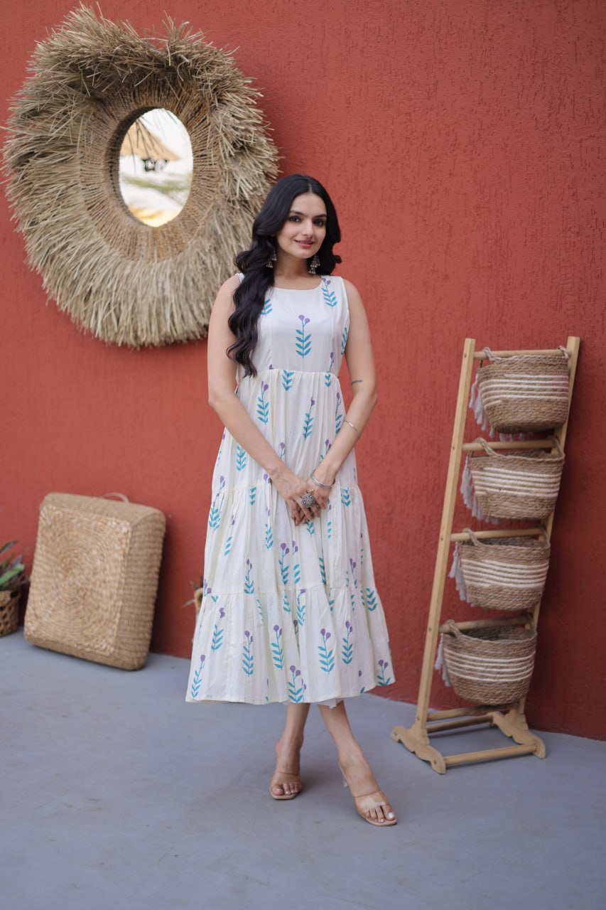 New Latest Designer White and Blue Floral Printed Sleeveless Tiered Dress