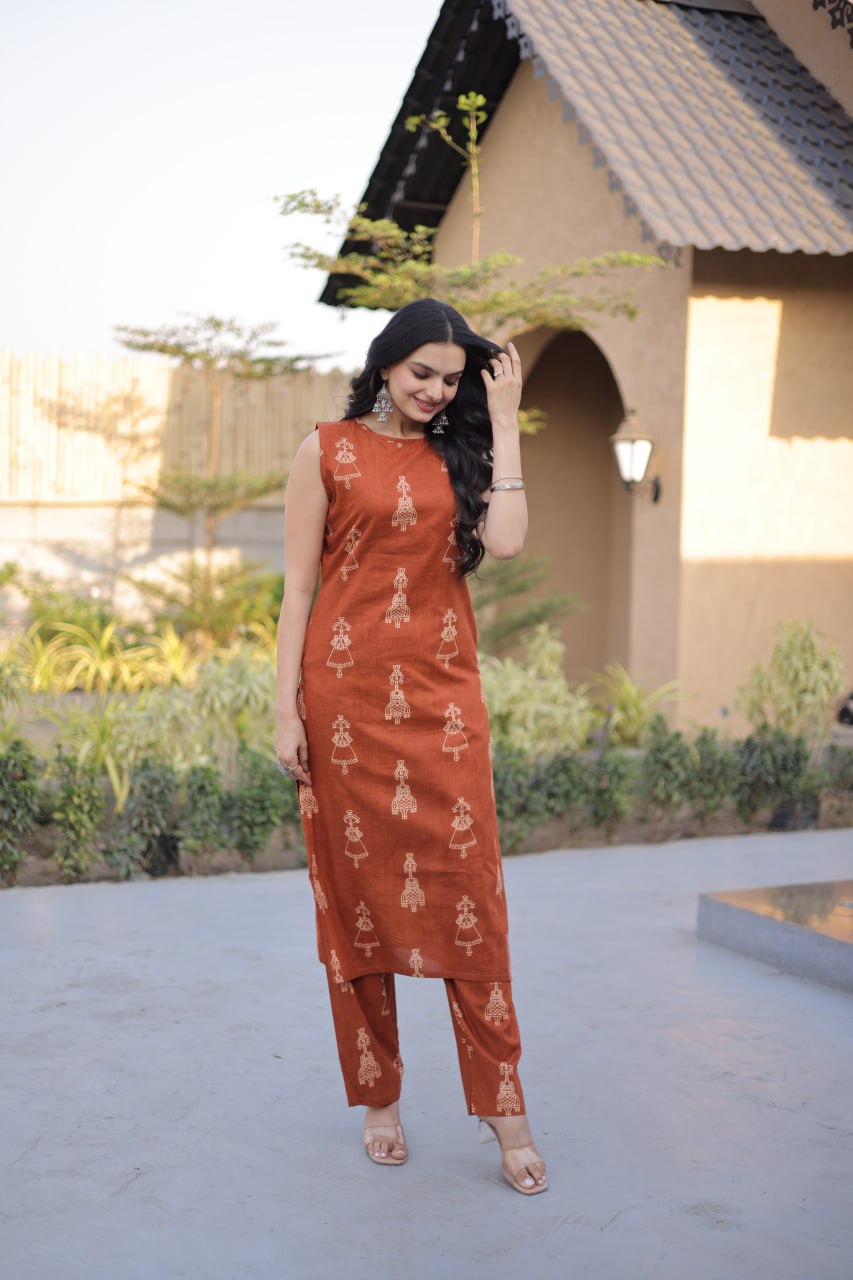 New Trendy Summer Special Cotton Kurta Set with Block Print Work