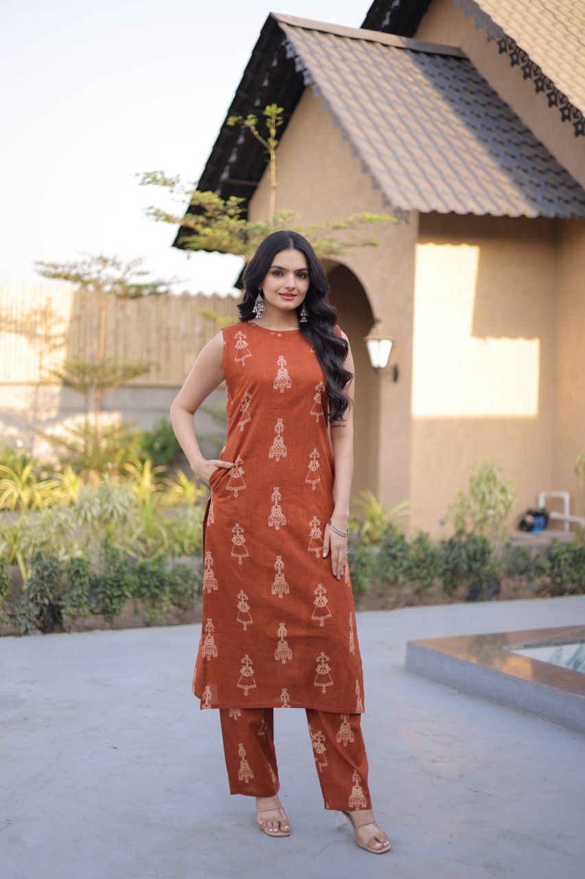New Trendy Summer Special Cotton Kurta Set with Block Print Work