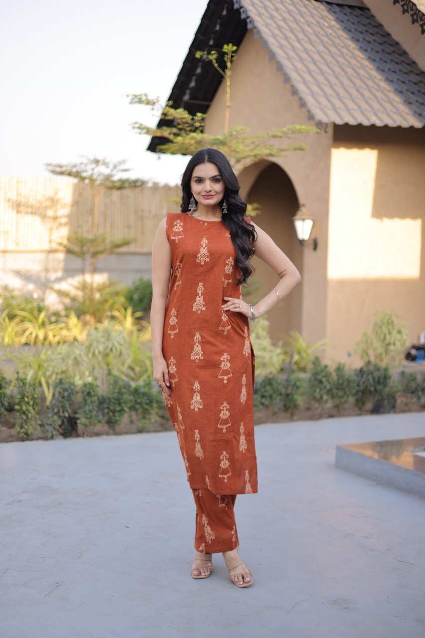 New Trendy Summer Special Cotton Kurta Set with Block Print Work
