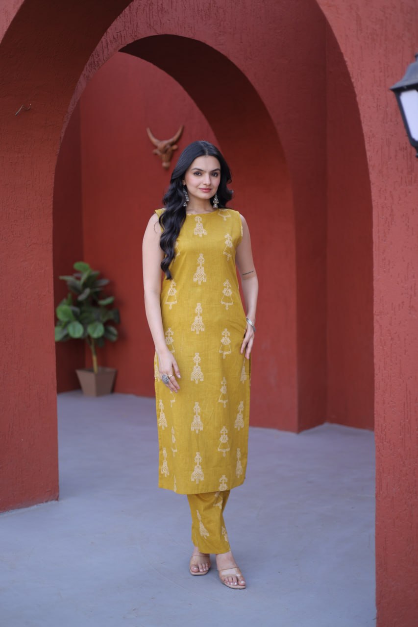 New Trendy Summer Special Cotton Kurta Set with Block Print Work