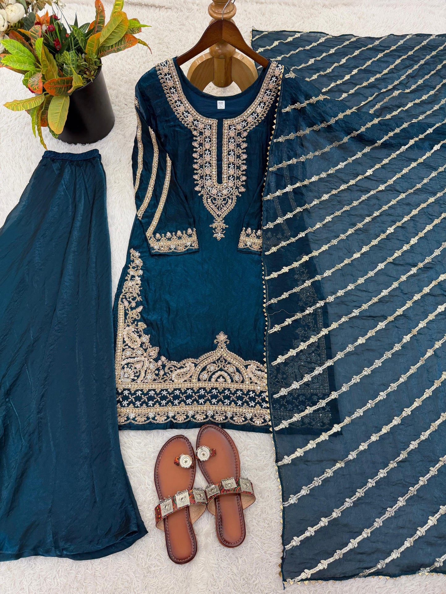 New Trendy Embroidered Kurta and Palazzo Set with Dupatta