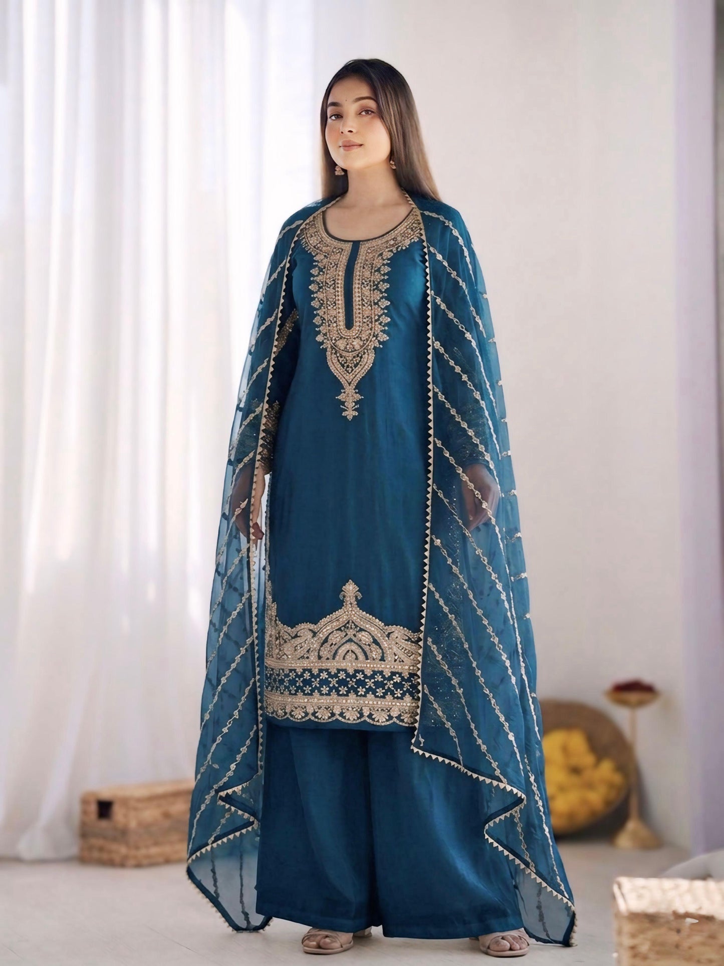 New Trendy Embroidered Kurta and Palazzo Set with Dupatta