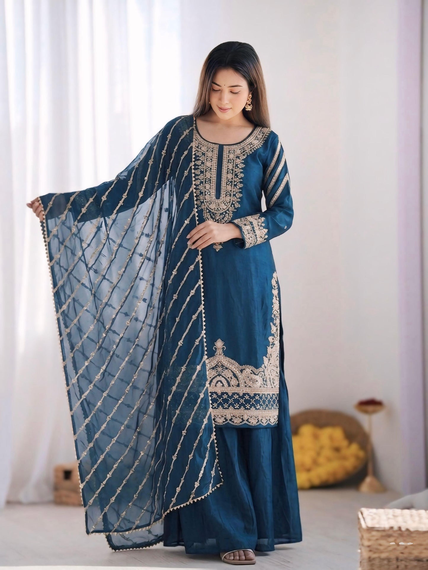 New Trendy Embroidered Kurta and Palazzo Set with Dupatta