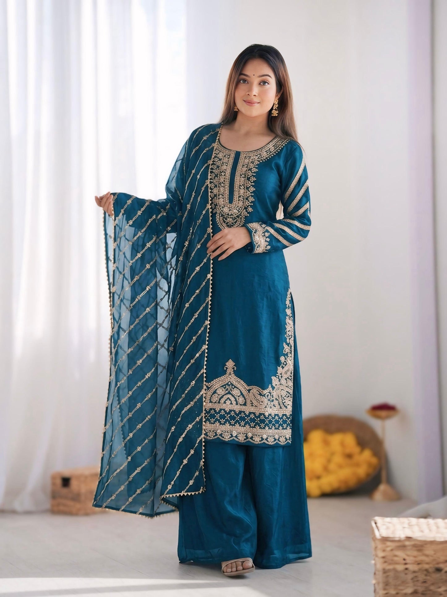 New Trendy Embroidered Kurta and Palazzo Set with Dupatta