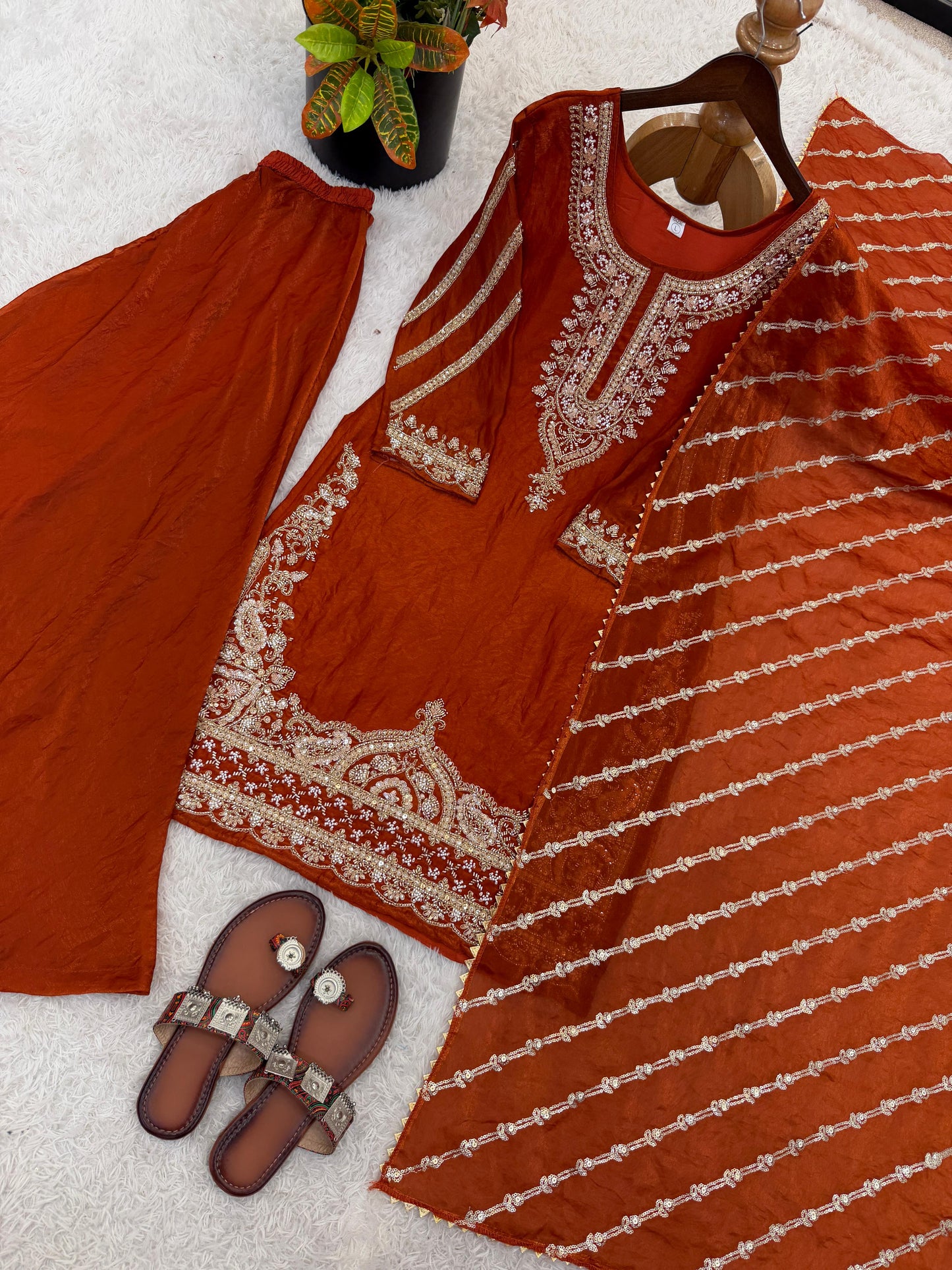 New Trendy Embroidered Kurta and Palazzo Set with Dupatta