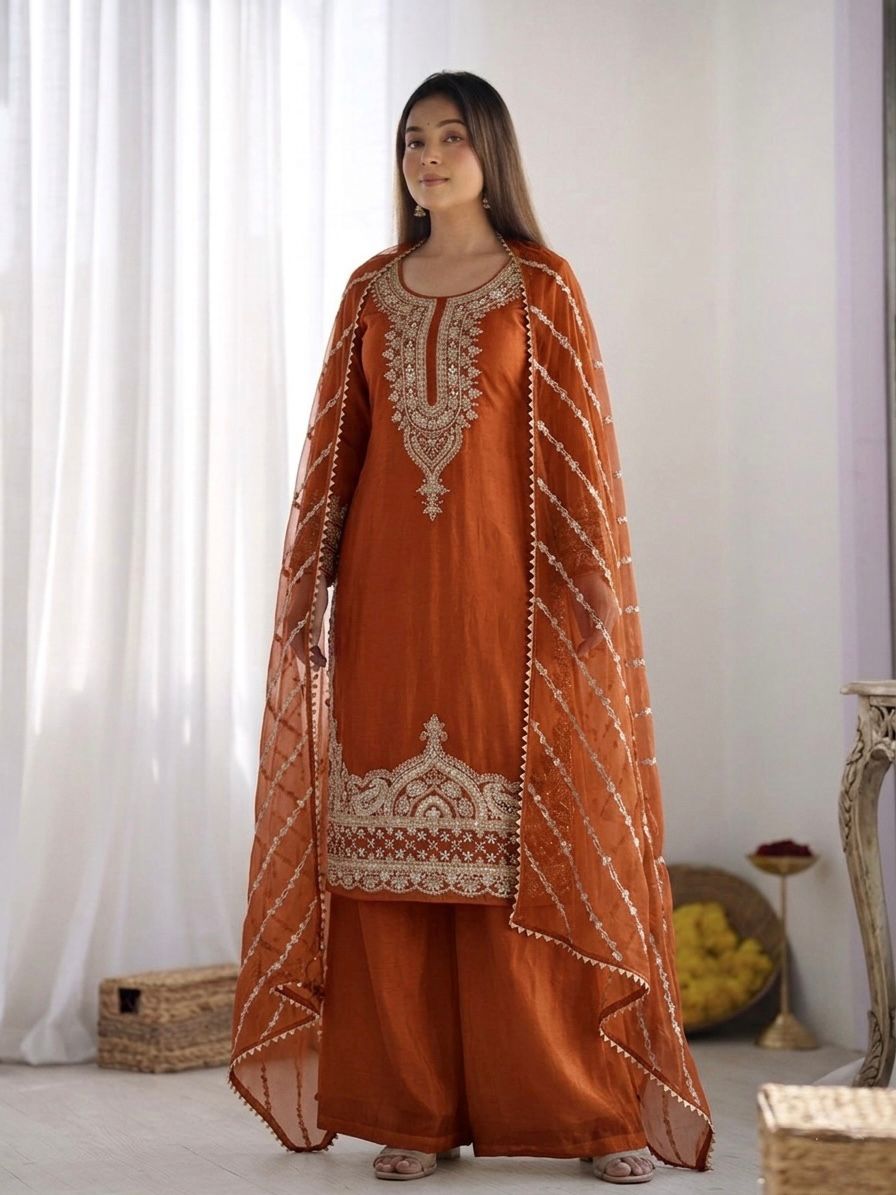 New Trendy Embroidered Kurta and Palazzo Set with Dupatta
