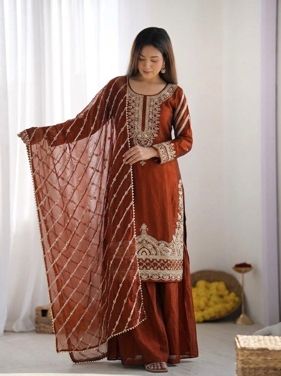 New Trendy Embroidered Kurta and Palazzo Set with Dupatta
