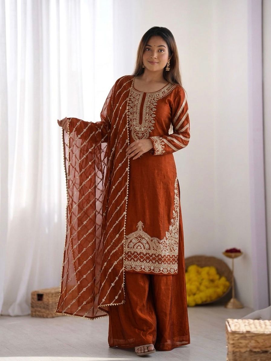 New Trendy Embroidered Kurta and Palazzo Set with Dupatta