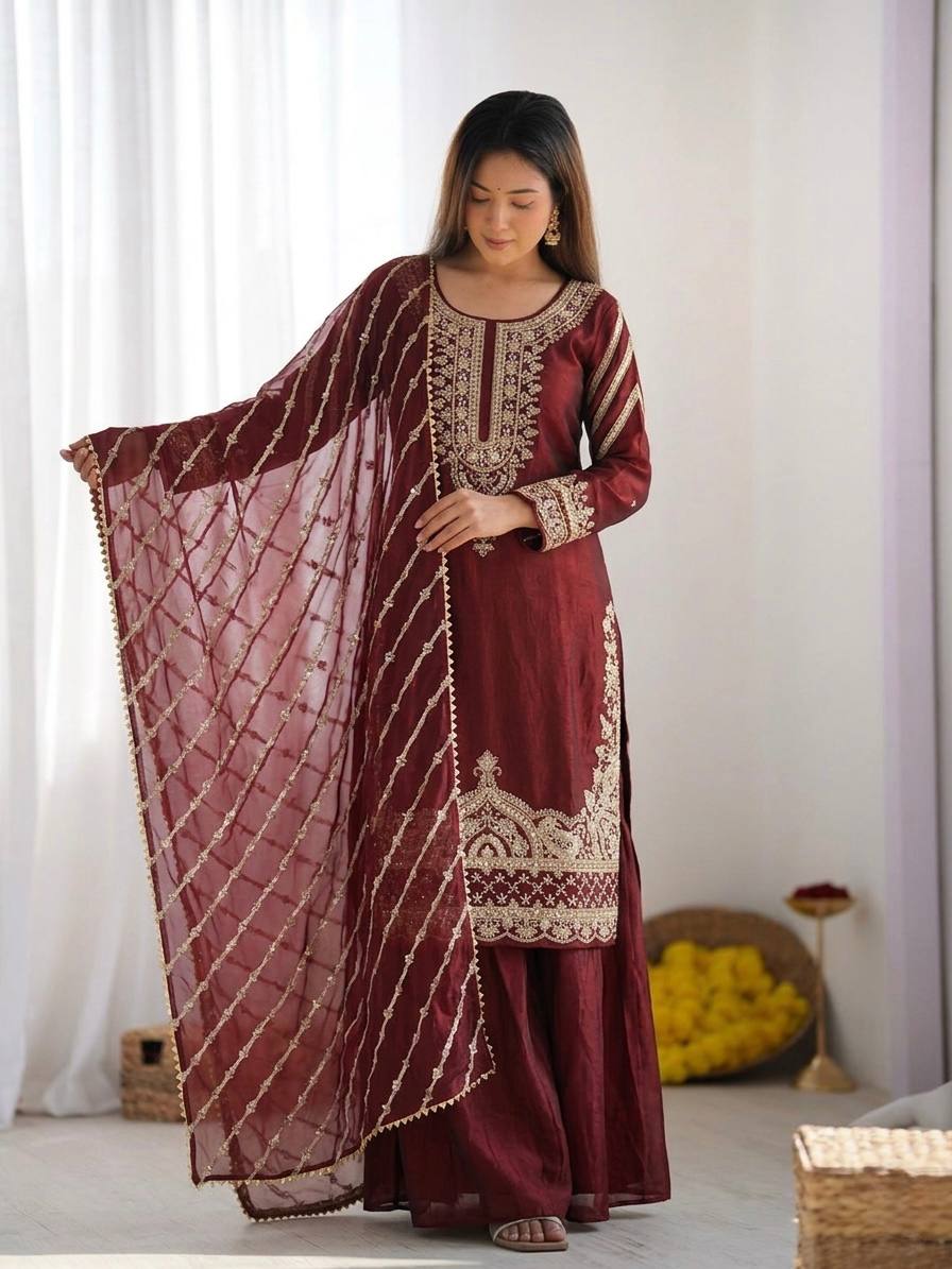 New Trendy Embroidered Kurta and Palazzo Set with Dupatta