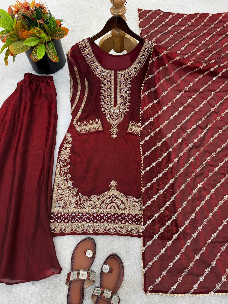 New Trendy Embroidered Kurta and Palazzo Set with Dupatta