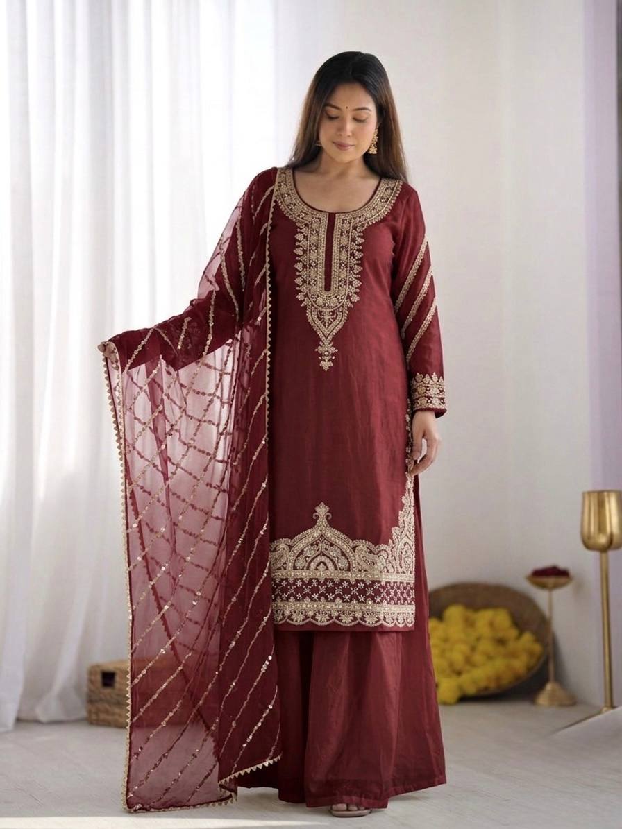 New Trendy Embroidered Kurta and Palazzo Set with Dupatta