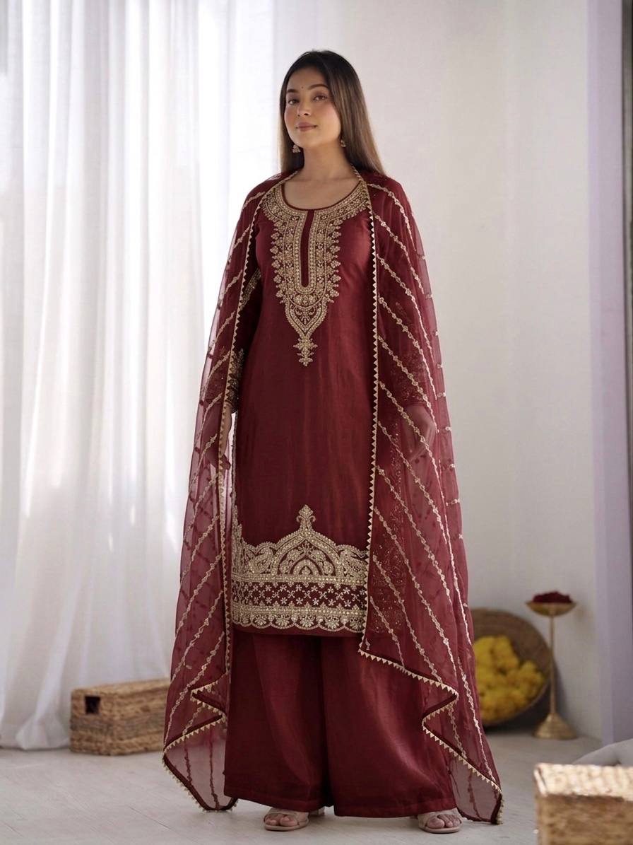 New Trendy Embroidered Kurta and Palazzo Set with Dupatta