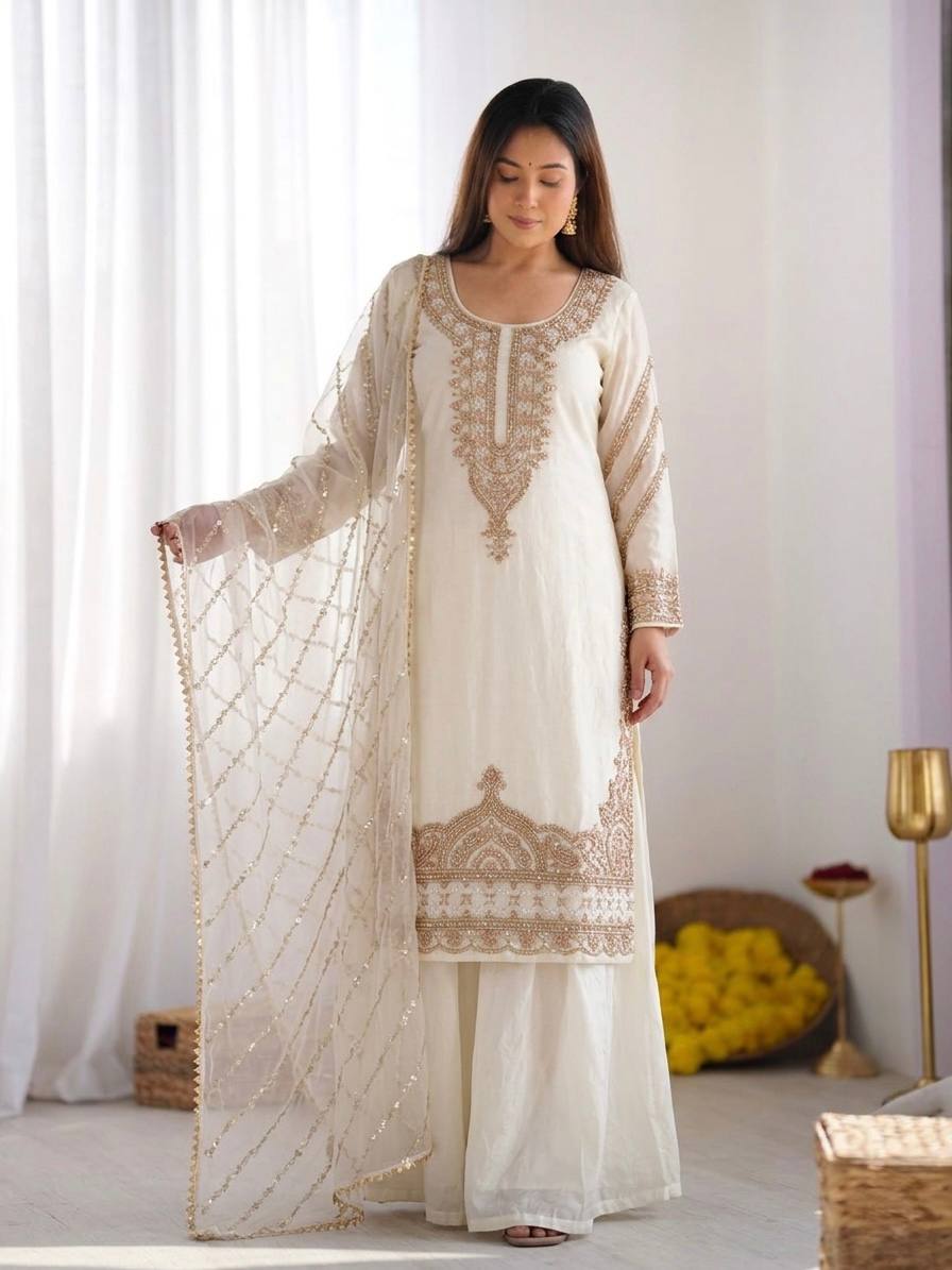 New Trendy Embroidered Kurta and Palazzo Set with Dupatta