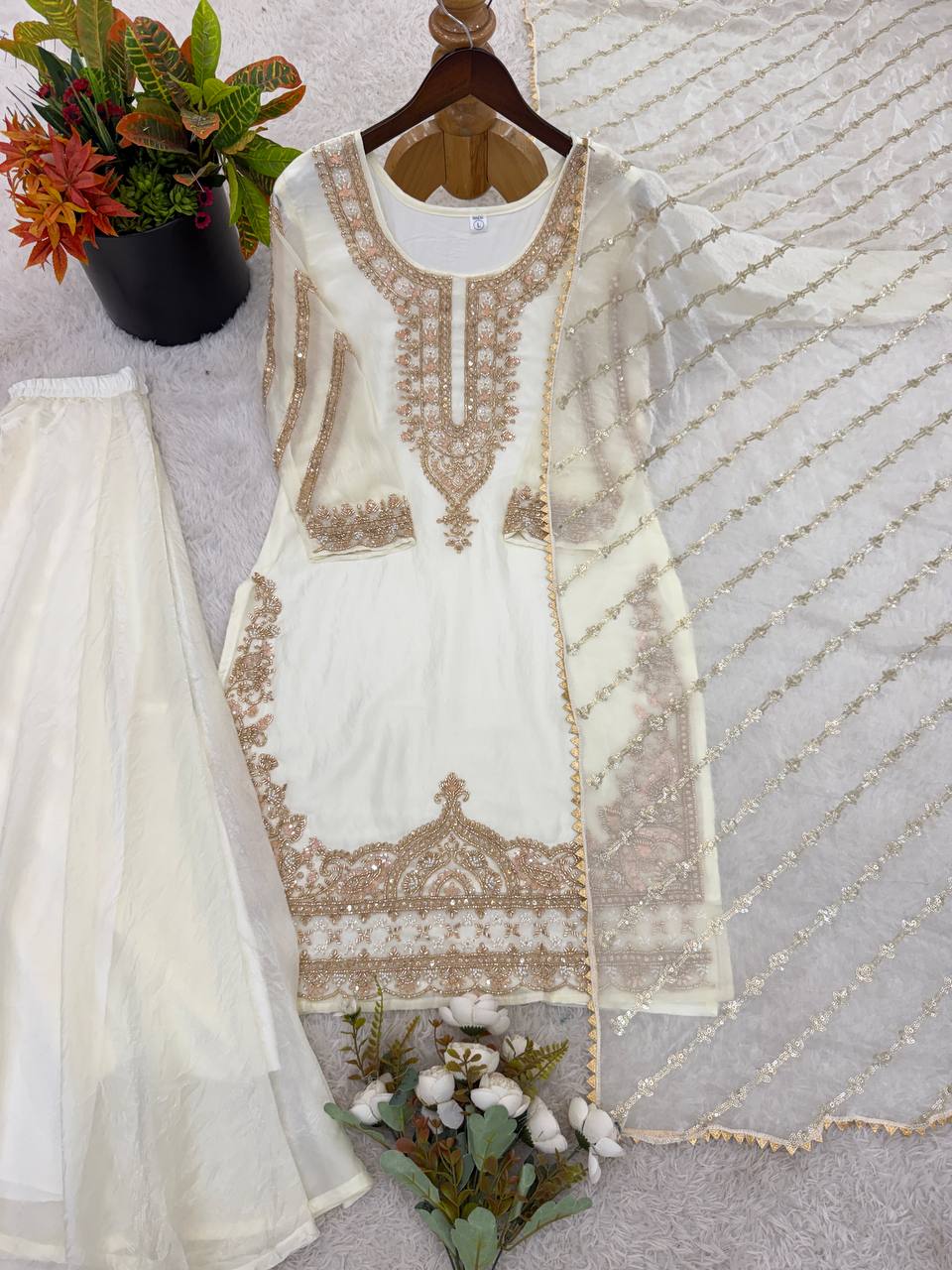 New Trendy Embroidered Kurta and Palazzo Set with Dupatta