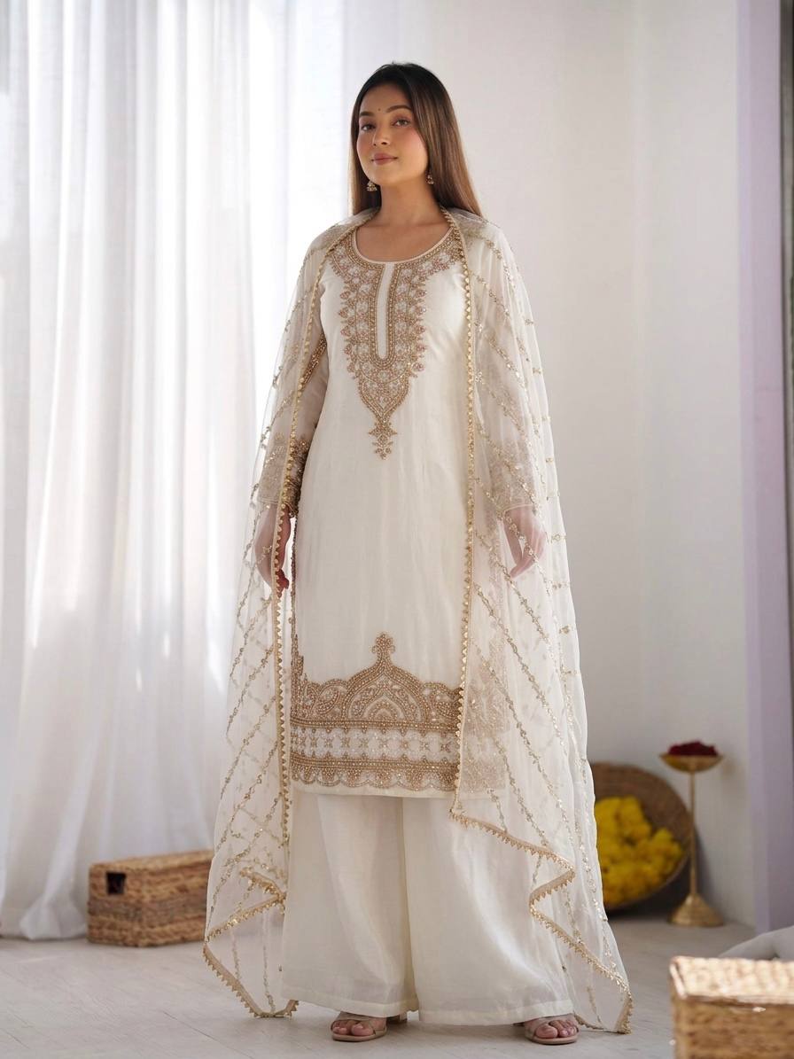 New Trendy Embroidered Kurta and Palazzo Set with Dupatta