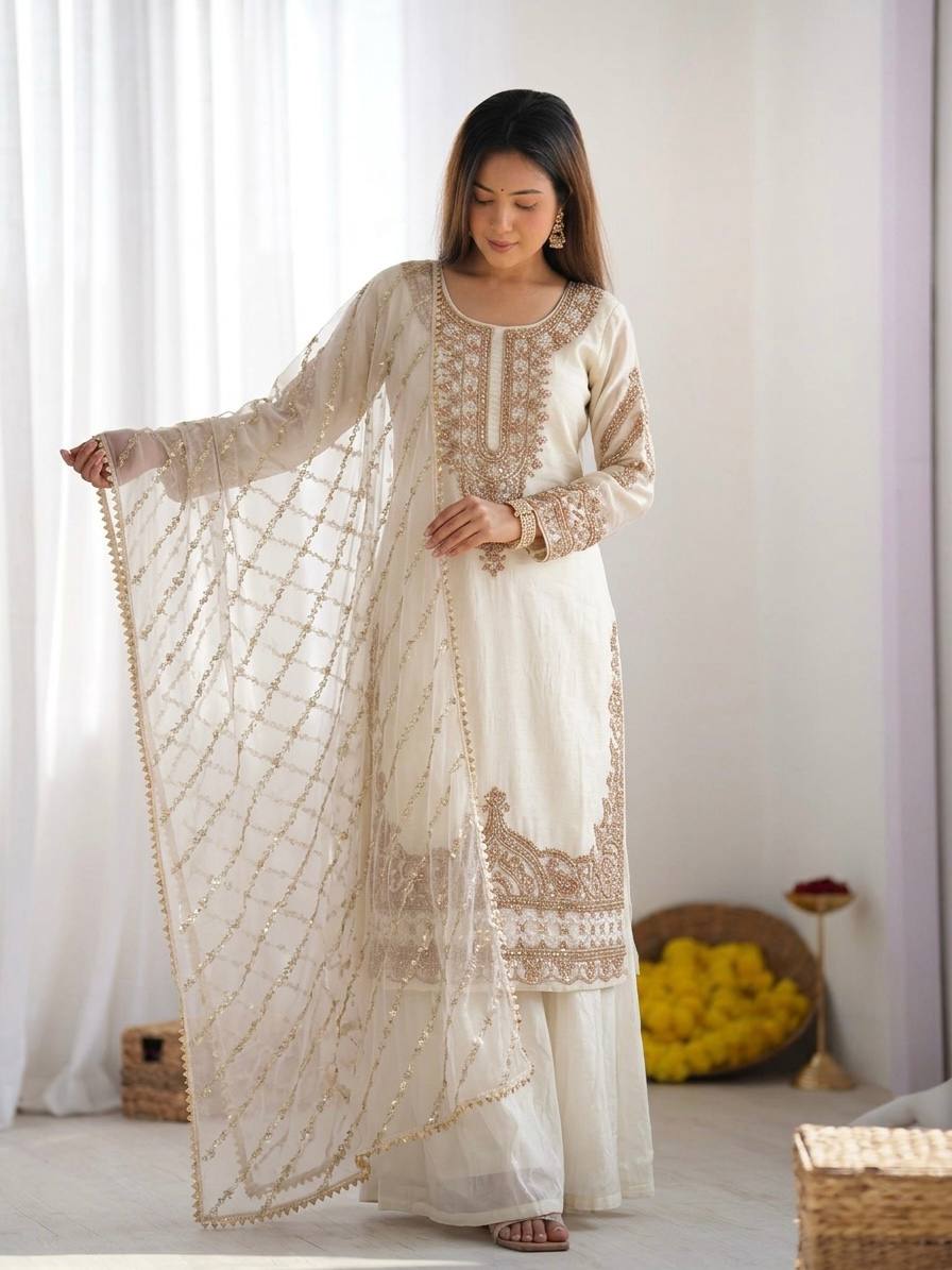 New Trendy Embroidered Kurta and Palazzo Set with Dupatta
