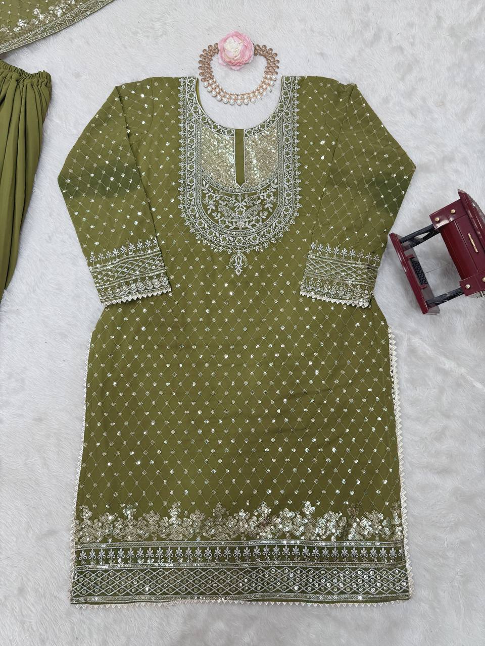 Foux Georgette Thread with Sequence Sharara Suit Fully Stiched