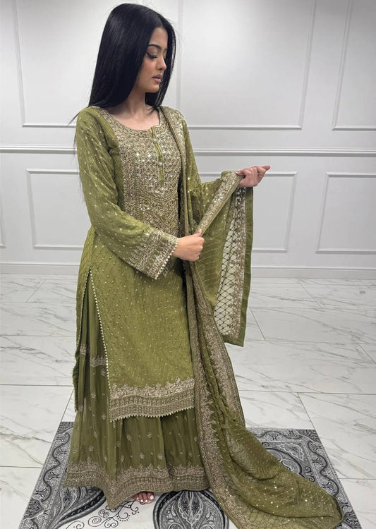 Foux Georgette Thread with Sequence Sharara Suit Fully Stiched