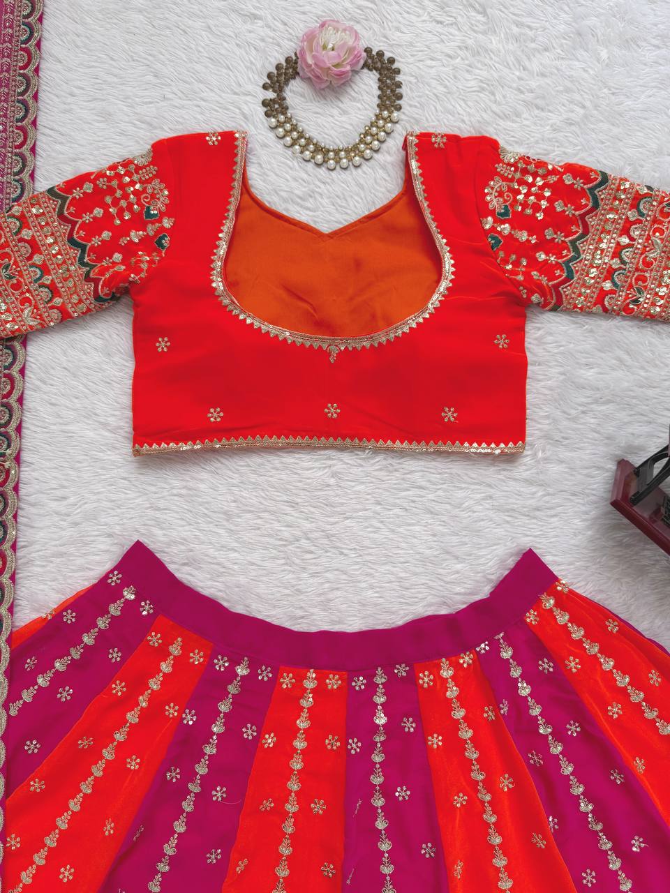 Foux Gorgette Pink And Orange Thread With Sequnce Lehenga Choli