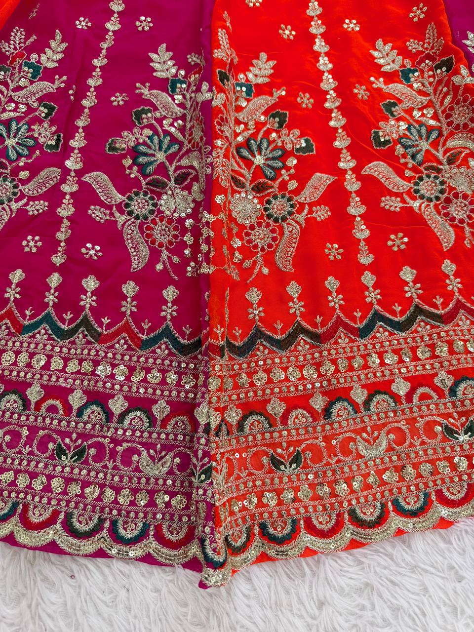 Foux Gorgette Pink And Orange Thread With Sequnce Lehenga Choli