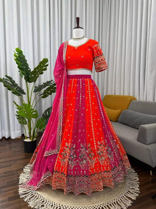 Foux Gorgette Pink And Orange Thread With Sequnce Lehenga Choli
