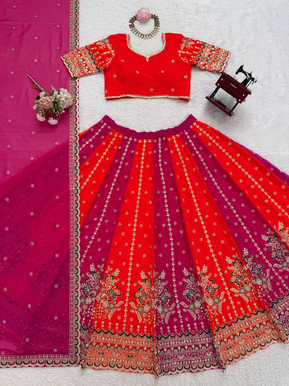 Foux Gorgette Pink And Orange Thread With Sequnce Lehenga Choli