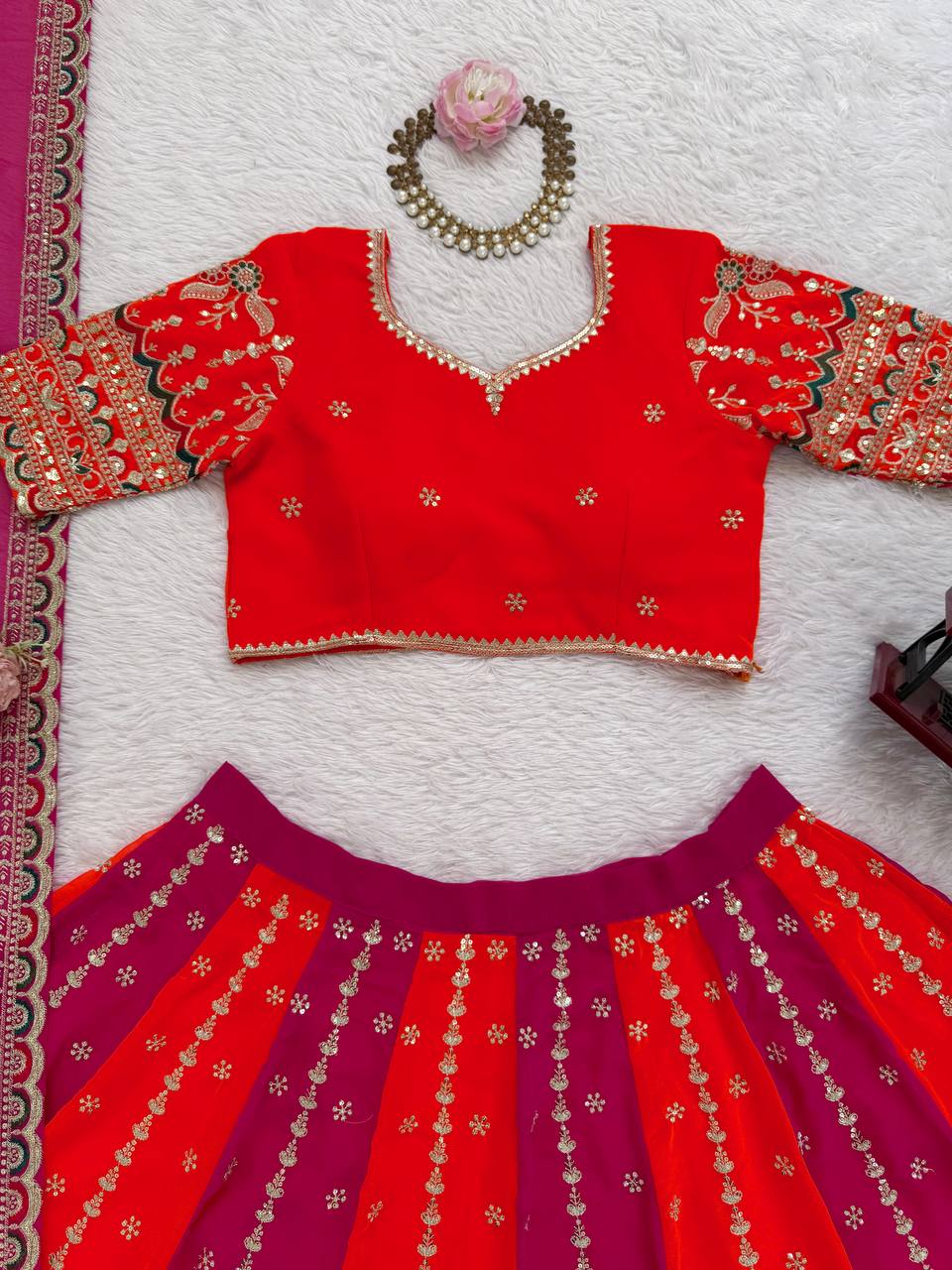 Foux Gorgette Pink And Orange Thread With Sequnce Lehenga Choli